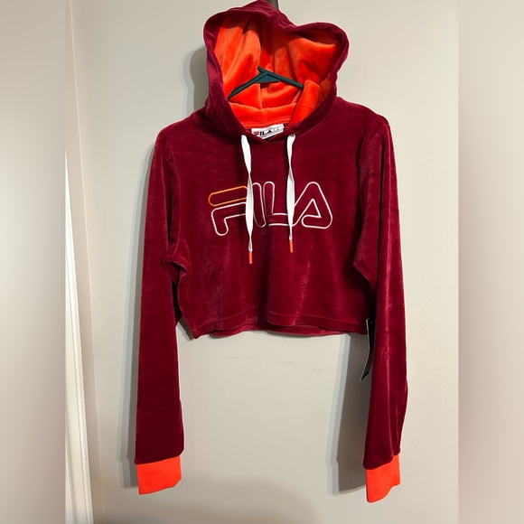 Women’s Medium FILA burgundy and orange velvet crop hooded top, hoodie - Picture 2 of 10